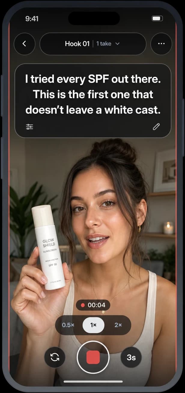 A creator filming a sunscreen hook in Shoot Mode, with the line to say on the teleprompter